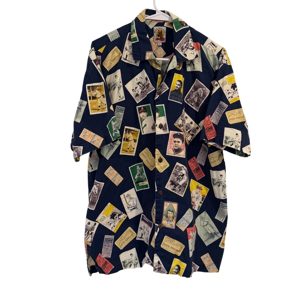 Max Boxxer Mens Large Baseball Card Ticket Print Button Down Shirt Navy Blue USA